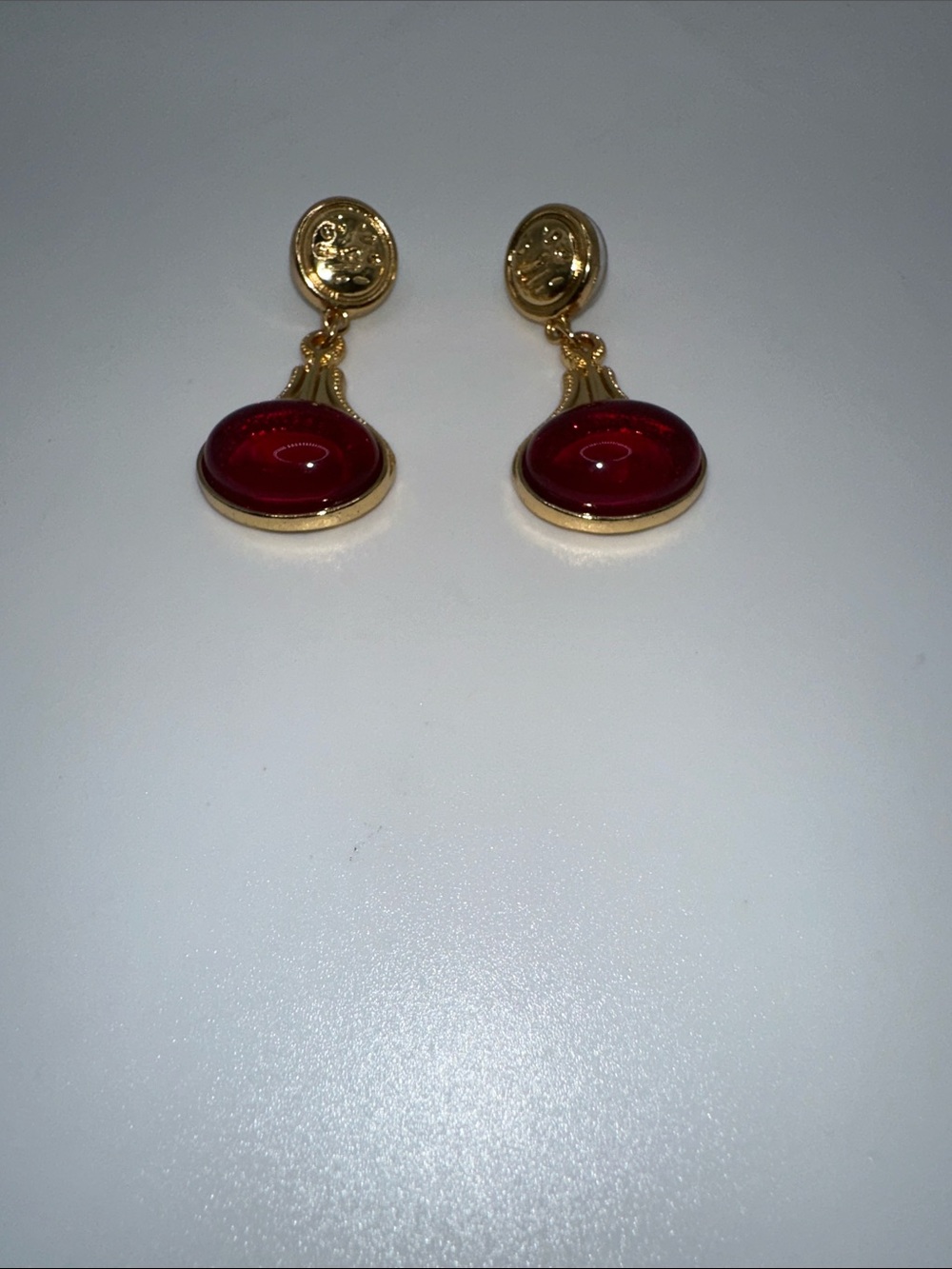 Gold Drop Earrings with Deep Red